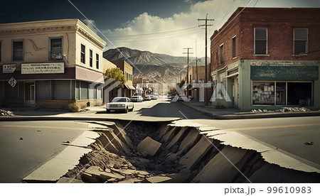 Ruins of a buildings with a crack in the ground after an earthquake, city view on background. Generated AI 99610983