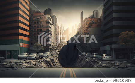 Ruins of a buildings with a crack in the ground after an earthquake, city view on background. Generated AI Ruins of a buildings with a crack in the ground after an earthquake, city view on background. Generated AI 99610987