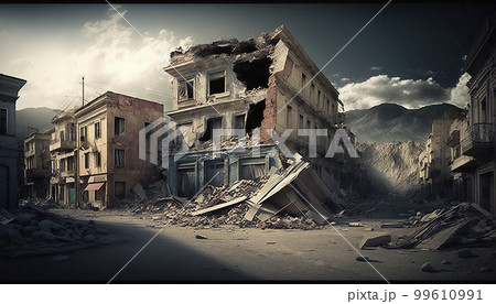 Ruins of a buildings with a crack in the ground after an earthquake, city view on background. Generated AI 99610991