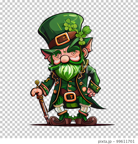 Cute Leprechaun Saint Patricks day irish cartoon and four leaf clover for St. Patrick's Day 99611701