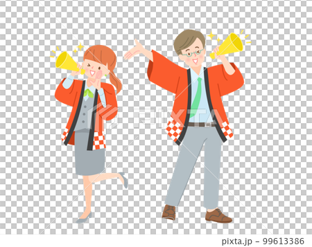 メガホンで呼び込みをする法被姿の男女の販売員 メガホンで呼び込みをする法被姿の男女の販売員 99613386