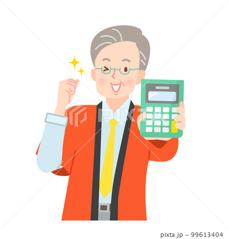 電卓で見積もり金額を表示する法被姿の男性 99613404