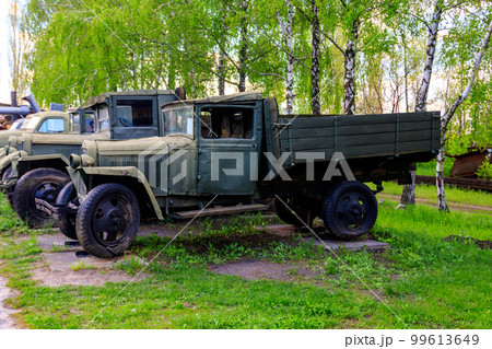 Rusty soviet retro trucks in Open air Museum of Folk Architecture and Folkways of Middle Naddnipryanschina in Pereyaslav, Ukraine 99613649