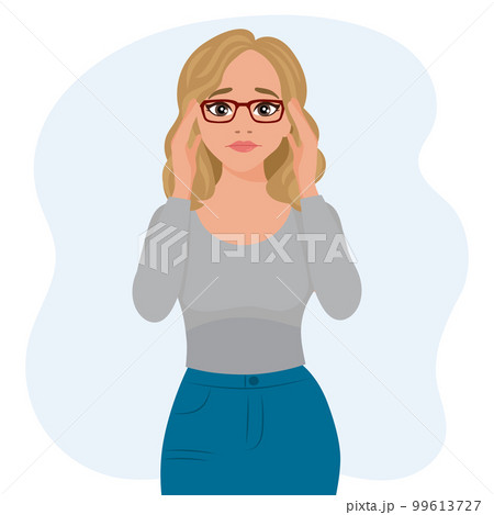 Woman blonde in glasses in a stressful situation. Emotions and gestures. Flat style illustration, vector 99613727
