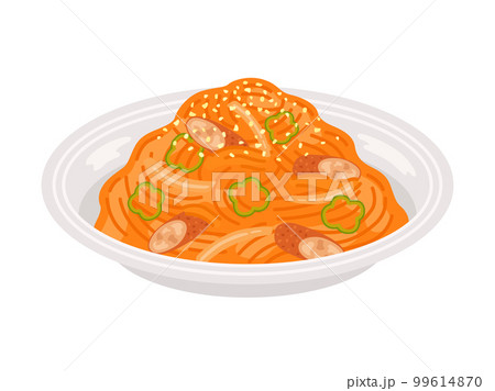 皿に盛り付けられた、ナポリタンスパゲティのイラスト 皿に盛り付けられた、ナポリタンスパゲティのイラスト 99614870