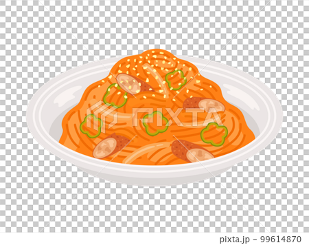 皿に盛り付けられた、ナポリタンスパゲティのイラスト 皿に盛り付けられた、ナポリタンスパゲティのイラスト 99614870