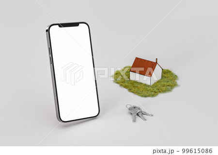 Phone mock up with blank screen with toy house and keys against white background 99615086