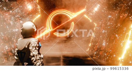 Astronaut admiring black hole from spaceship. 3d render 99615336