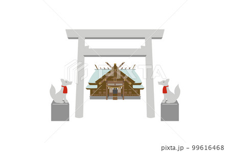 神明鳥居と本殿ときつねのイラスト　アウトラインなし 99616468