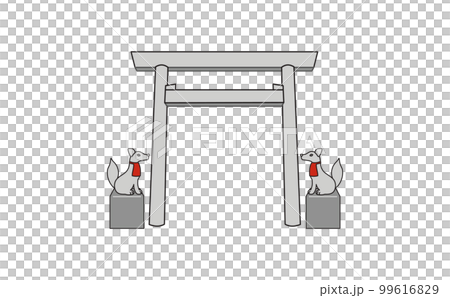 Shinmei torii 和 kitsune 插圖與輪廓 99616829