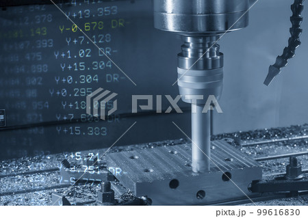 Abstract scene the CNC milling machine rough cutting the injection mold parts and NC data background. 99616830