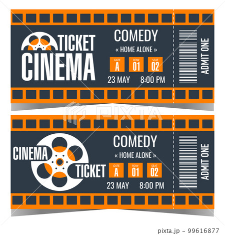 Cinema ticket design template with cinematographic film and film reel on background. Vector ticket or talon to the movie session access with date and time, detachable part with barcode. Cinema ticket design template with cinematographic film and film reel on background. Vector ticket or talon to the movie session access with date and time, detachable part with barcode. 99616877