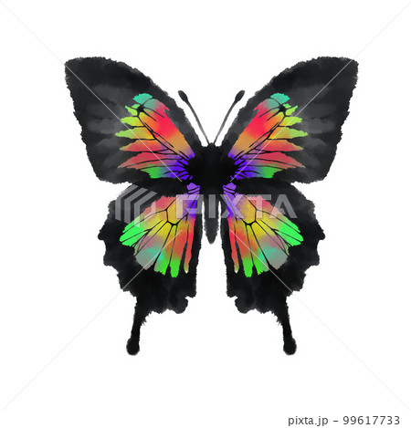 水彩風のにじみのあるカラフルな蝶、チョウの手描きイラストのイラスト
