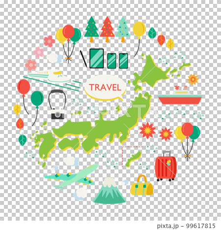 日本地圖和旅行平面插圖集 99617815