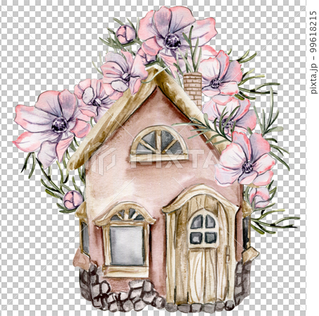 Watercolor composition of an old wooden farm house and pink flower . Hand drawn illustration with watercolour on a white background. Perfect for wedding invitation, greetings card. Watercolor composition of an old wooden farm house and pink flower . Hand drawn illustration with watercolour on a white background. Perfect for wedding invitation, greetings card. 99618215