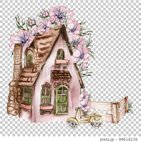 Watercolor composition of an old wooden farm house and pink flower  . Hand drawn illustration with watercolour on a white background. Perfect for wedding invitation, greetings card. 99618216