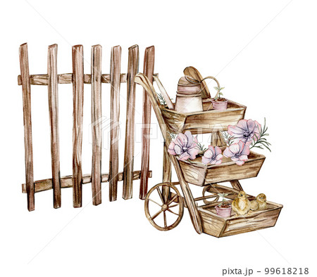 Watercolor composition of an old wooden cart and pink flower.An old rusty enamel element. Hand-drawn illustration with watercolour on a white background.Perfect for wedding invitation, greetings card. 99618218