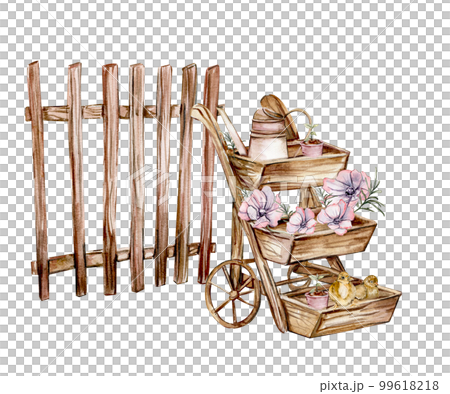 Watercolor composition of an old wooden cart and pink flower.An old rusty enamel element. Hand-drawn illustration with watercolour on a white background.Perfect for wedding invitation, greetings card. 99618218