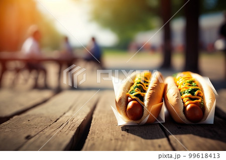 Hot dogs on wooden table in public park. Weekend picnic concept. Generative Ai image Hot dogs on wooden table in public park. Weekend picnic concept. Generative Ai image 99618413