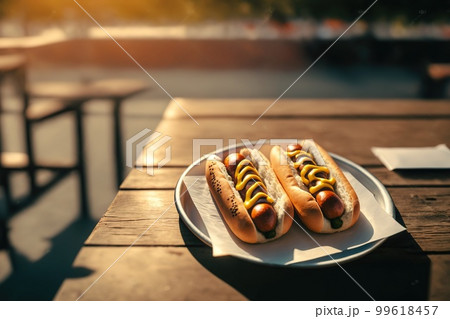 Hot dogs on wooden table in public park. Weekend picnic concept. Generative Ai image Hot dogs on wooden table in public park. Weekend picnic concept. Generative Ai image 99618457