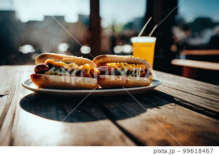 Hot dogs on wooden table in public park. Weekend picnic concept. Generative Ai image Hot dogs on wooden table in public park. Weekend picnic concept. Generative Ai image 99618467