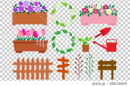 プランターに入った可愛いピンク系のお花と園芸用品のセット 99618608