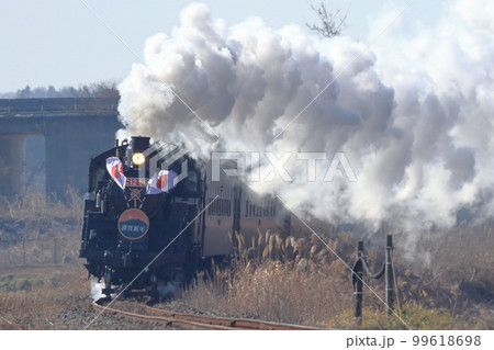 真岡鉄道　謹賀新年のヘッドマークと日章旗を掲げて走る蒸気機関車C1266 SLもおか 99618698