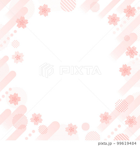 ピンクの桜とドット・ストライプ柄の円と上昇するラインのフレーム（正方形） 99619484