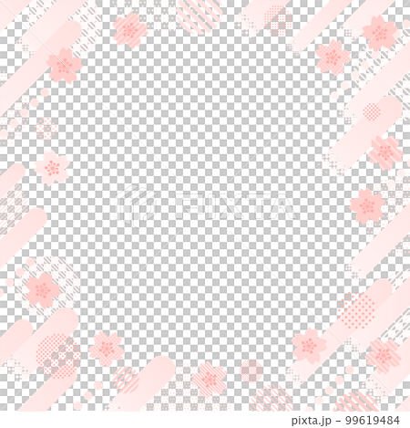 ピンクの桜とドット・ストライプ柄の円と上昇するラインのフレーム（正方形） 99619484