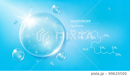 Drop water moisturizer blue and structure squalane molecule. Vitamins complex solution with chemical formula from nature saturated compound. 99620500