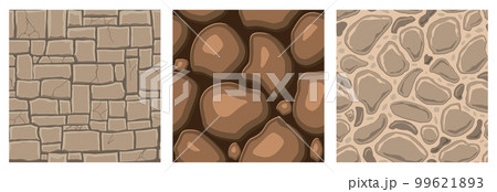 Cartoon game textures, rocks, dirt and ground surface seamless patterns. Game assets walls and environment backgrounds 99621893