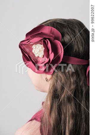 Hair band with burgundy silk textile flower. Girl wearing festive head band rear view. party outfit for girls 99622007