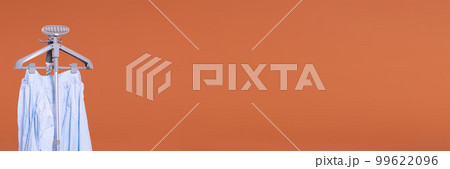 Narrow frame of the photo. Steamer with a hanger for ironing clothes on a solid color background. 99622096