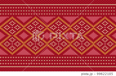 Vector cross stitch oriental background, Red and orange Knitted ethnic pattern, Embroidery retro jacquard style Vector cross stitch oriental background, Red and orange Knitted ethnic pattern, Embroidery retro jacquard style 99622105