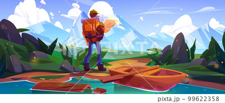Male tourist hiking in mountains with map 99622358