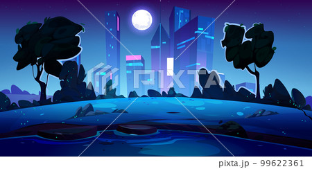 Summer night park with lake in city, moon light Summer night park with lake in city, moon light 99622361