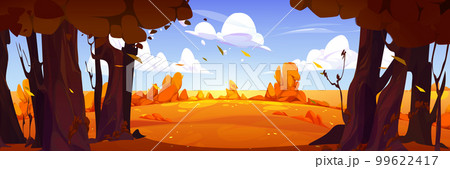 Autumn forest landscape with trees, bushes, grass Autumn forest landscape with trees, bushes, grass 99622417
