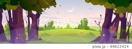 Summer sunrise landscape with trees, bushes, grass Summer sunrise landscape with trees, bushes, grass 99622424