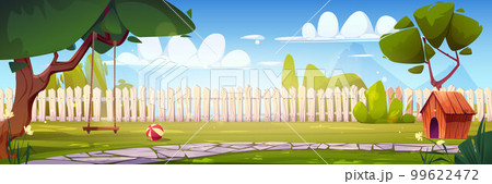 Cartoon backyard in summer with dog house Cartoon backyard in summer with dog house 99622472