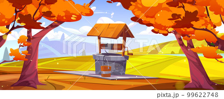 Autumn sunny landscape with water well, fields 99622748