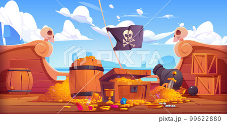 Pirate ship deck with treasure chest, gold coins Pirate ship deck with treasure chest, gold coins 99622880