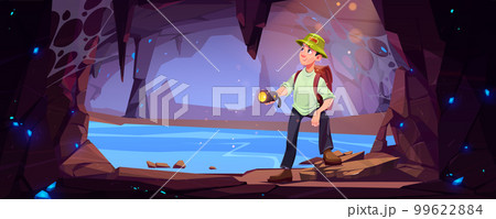 Hiker man travel in mountain cave 99622884