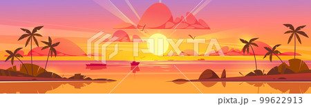 Sea sunset background. Palm on island beach 99622913