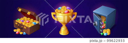 Piles of gold coins and gemstones in cup, suitcase 99622933