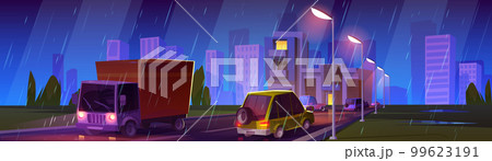 Night city traffic in rainy weather 99623191