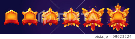 Golden hexagon frames of game avatars with ribbon 99623224