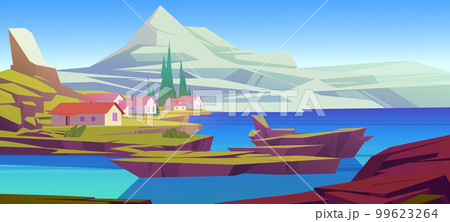 Vector village landscape background house on cliff 99623264