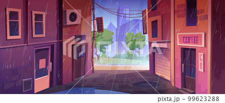 Empty back alley and city street at rainy day Empty back alley and city street at rainy day 99623288