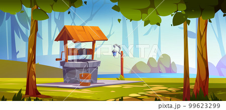 Forest landscape with water well with bucket 99623299