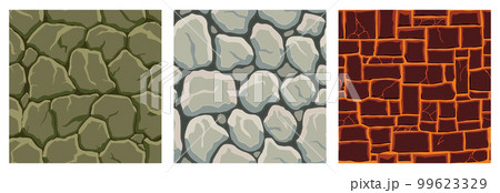 Cartoon game textures, lava, rocks and brick, dirt and ground surface seamless patterns. Game assets walls and environment backgrounds 99623329